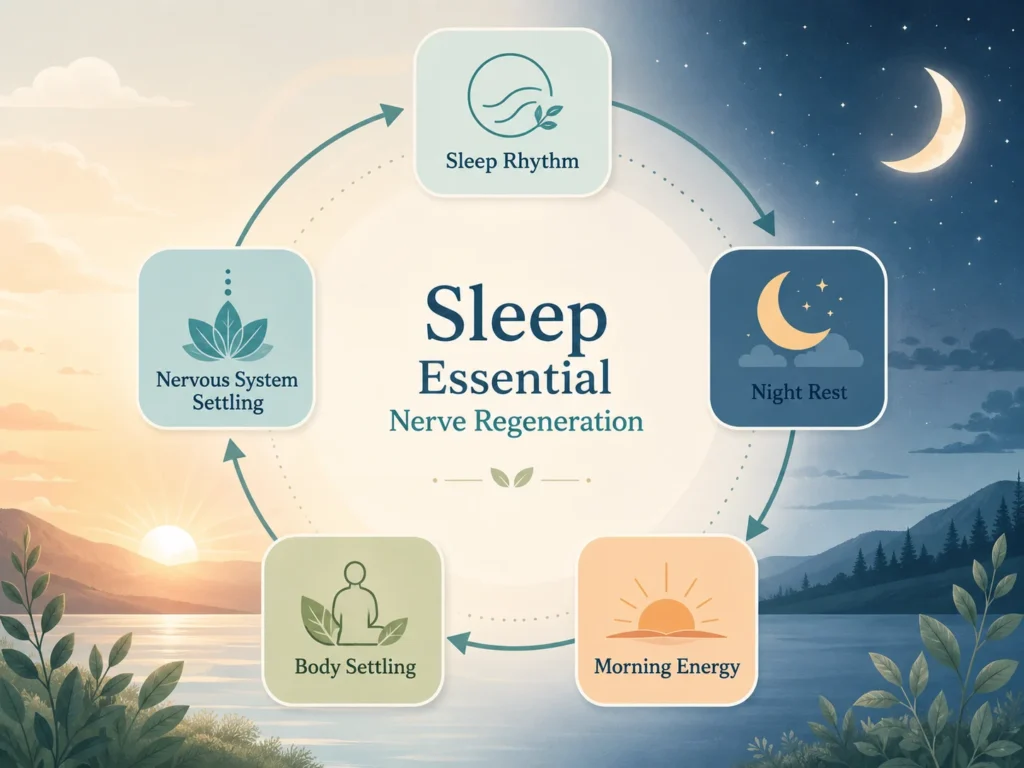 Sleep Essential Nerve Regeneration sleep rhythm infographic showing night rest, morning energy, body settling, and nervous system settling