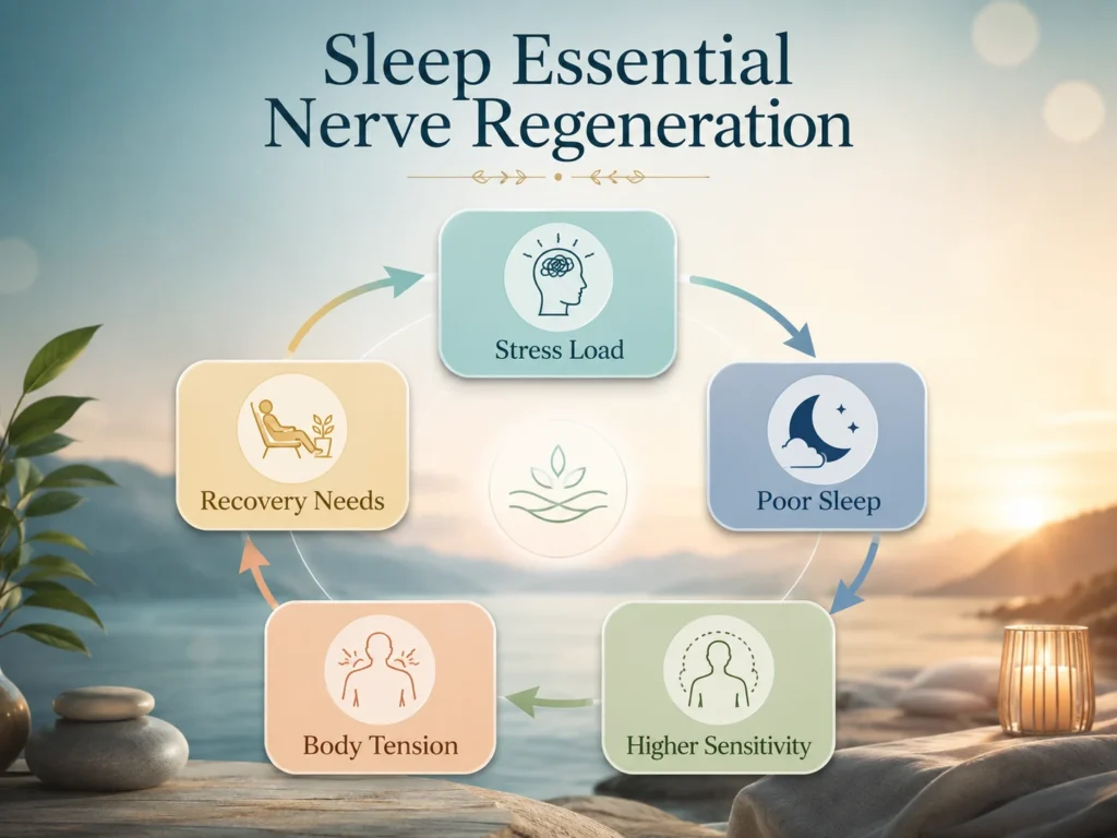 Sleep Essential Nerve Regeneration infographic showing stress load, poor sleep, higher sensitivity, body tension, and recovery needs