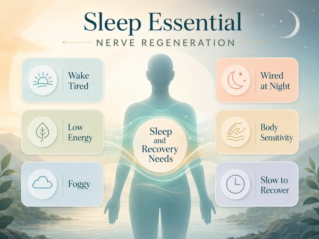 Sleep Essential Nerve Regeneration symptom language infographic with wake tired, low energy, foggy, wired at night, body sensitivity, and recovery needs