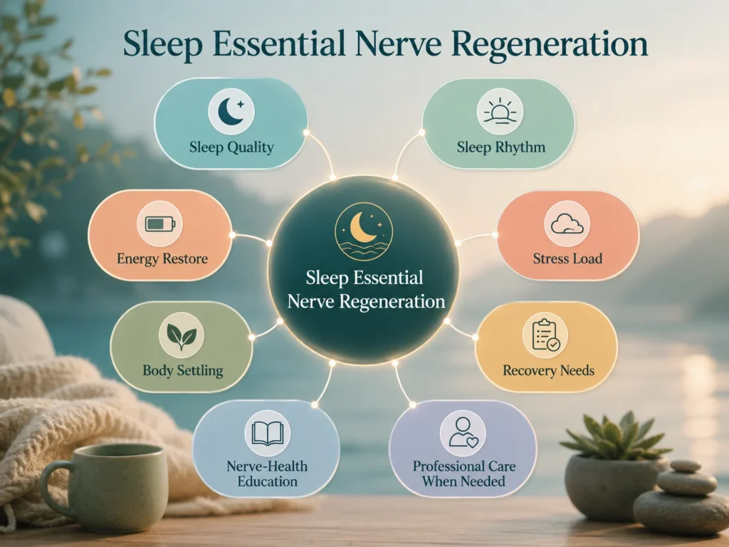 Sleep Essential Nerve Regeneration system map with sleep quality, sleep rhythm, energy restore, stress load, body settling, recovery needs, and nerve-health education