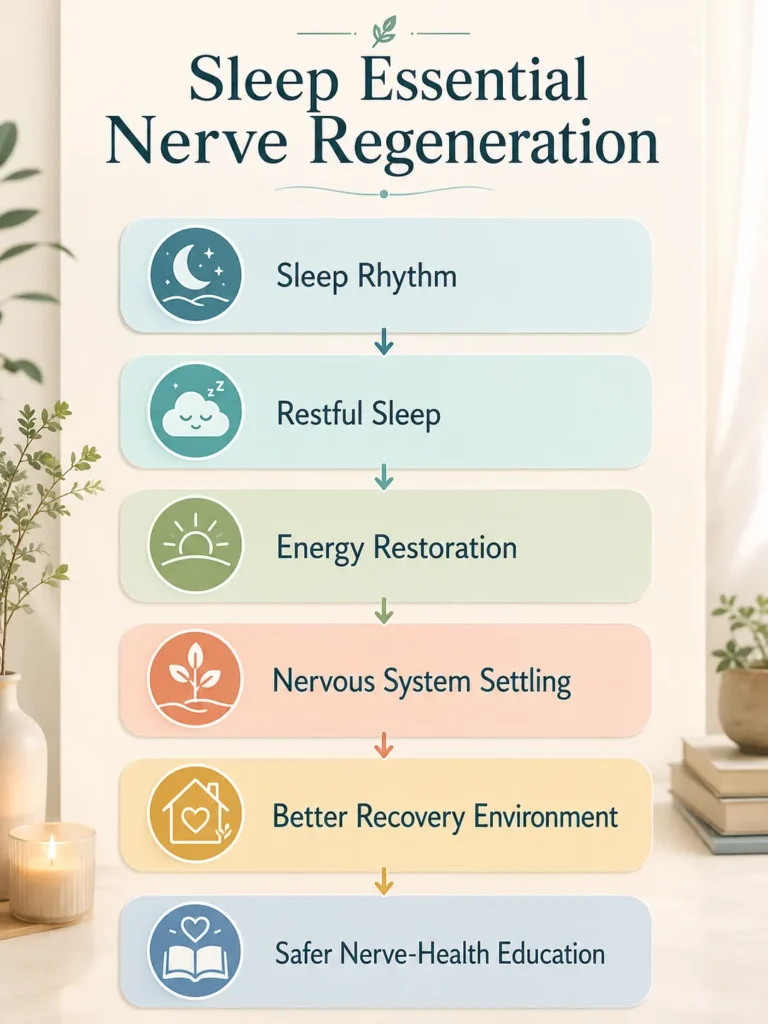 Sleep Essential Nerve Regeneration visual flow showing sleep rhythm, restful sleep, energy restoration, nervous system settling, recovery environment, and safe nerve-health education
