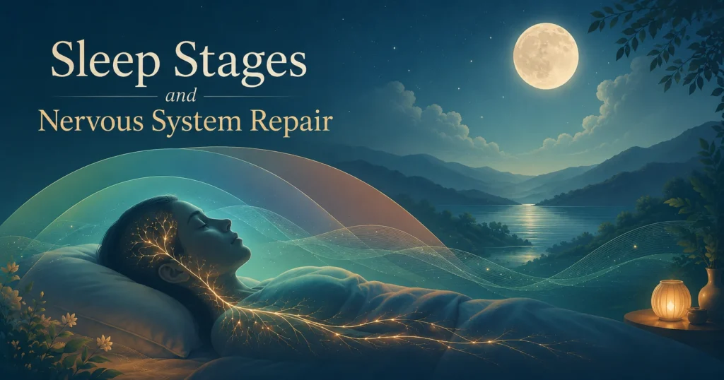 Sleep Stages and Nervous System Repair Hero Image Sleep Stages and Nervous System Repair hero image showing calm sleep, sleep rhythm, and nervous system settling