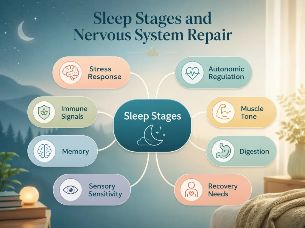 Sleep Stages and Nervous System Repair Interactions Map Sleep Stages and Nervous System Repair interactions map with stress response, autonomic regulation, immune signals, muscle tone, memory, digestion, sensory sensitivity, and recovery needs