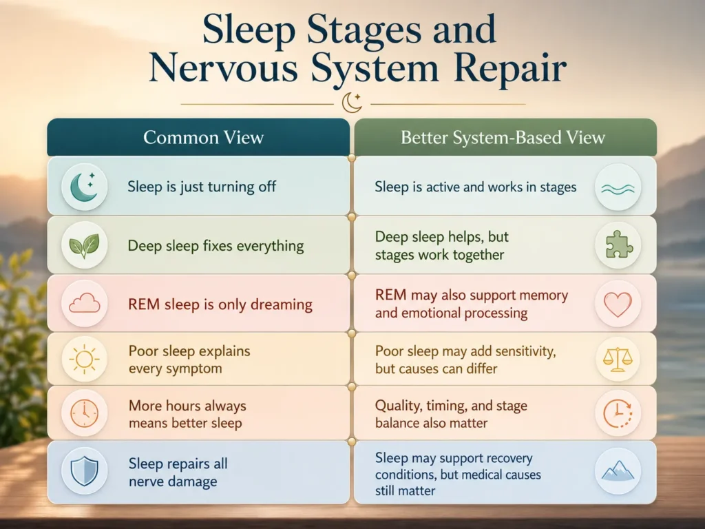 Sleep Stages and Nervous System Repair Misunderstandings Sleep Stages and Nervous System Repair comparison infographic showing common views and better system-based views about sleep stages
