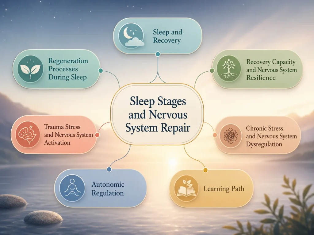 Sleep Stages and Nervous System Repair Related Systems Map Sleep Stages and Nervous System Repair related systems map connecting sleep recovery, regeneration during sleep, recovery capacity, stress activation, autonomic regulation, and learning path