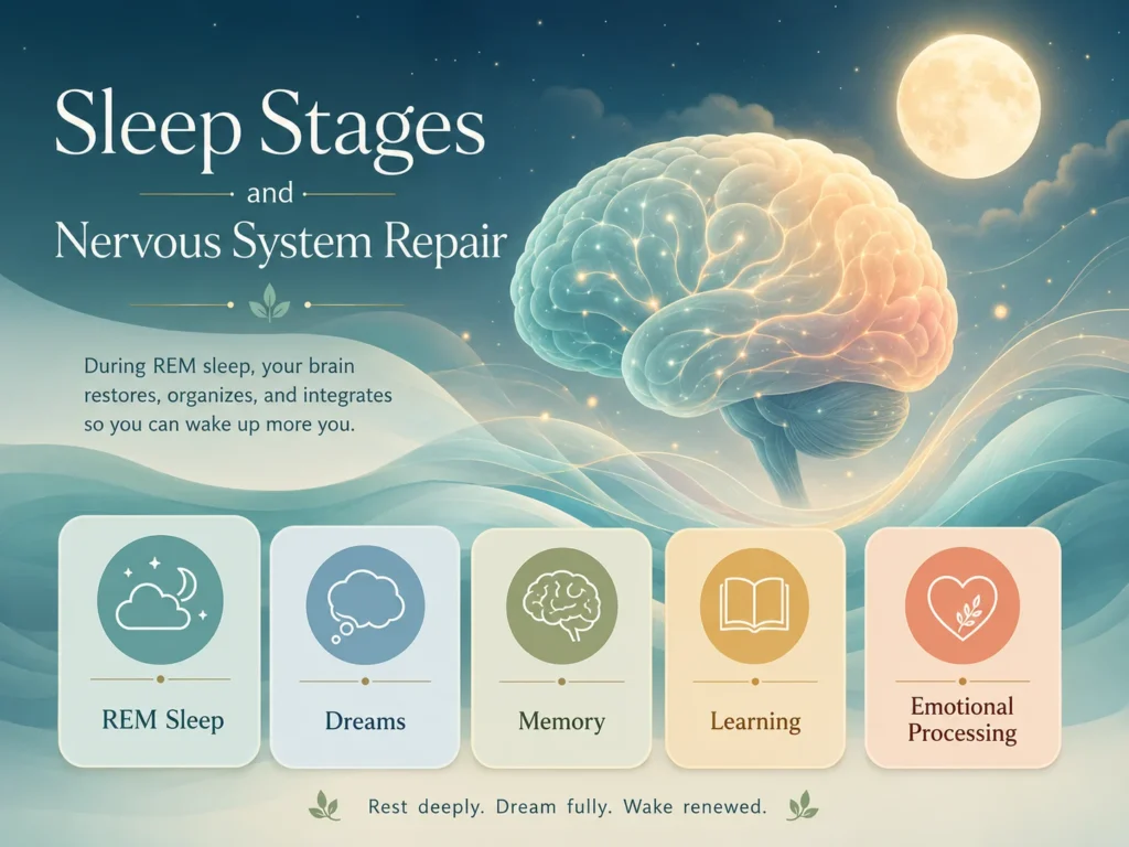Sleep Stages and Nervous System Repair REM Sleep Infographic Sleep Stages and Nervous System Repair REM sleep infographic showing dreams, memory, learning, emotional processing, and calm brain activity