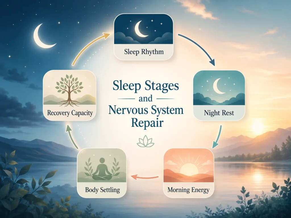 Sleep Stages and Nervous System Repair Sleep Rhythm and Recovery Capacity Sleep Stages and Nervous System Repair infographic showing sleep rhythm, night rest, morning energy, body settling, and recovery capacity