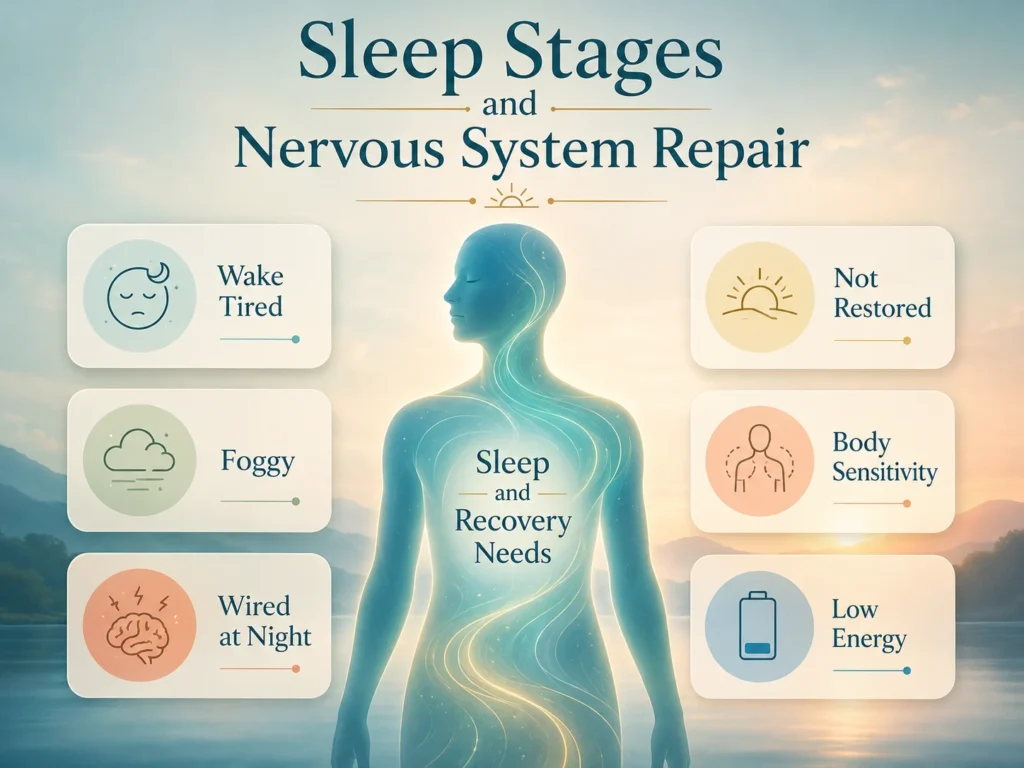 Sleep Stages and Nervous System Repair Symptom Language Bridge Sleep Stages and Nervous System Repair symptom language infographic with wake tired, foggy, wired at night, body sensitivity, low energy, and recovery needs