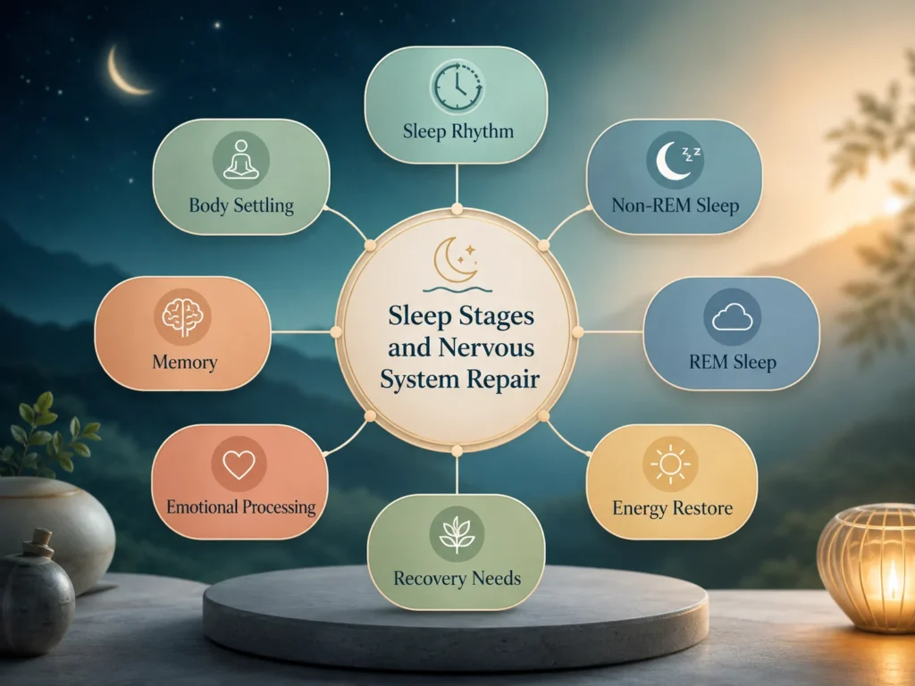 Sleep Stages and Nervous System Repair System Map Sleep Stages and Nervous System Repair system map with sleep rhythm, non-REM sleep, REM sleep, body settling, memory, emotional processing, and recovery needs