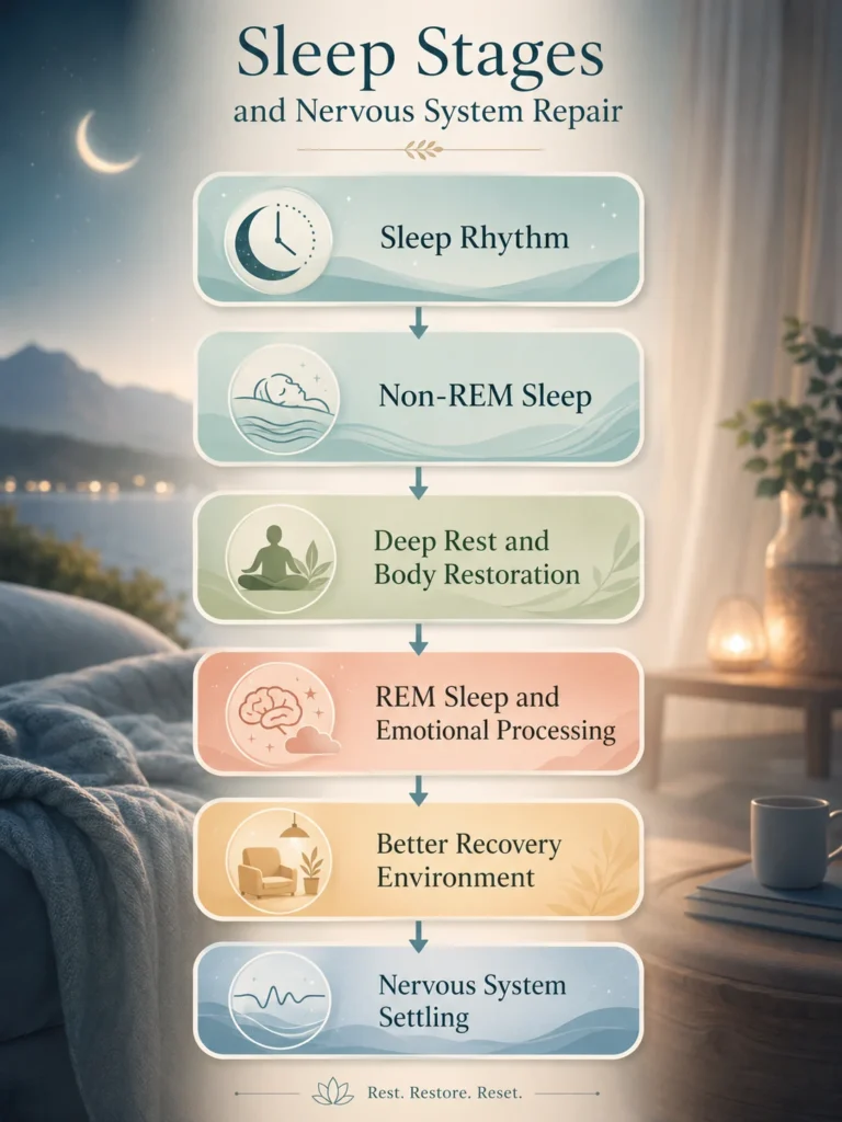 Sleep Stages and Nervous System Repair Visual FlowMeta Description: Sleep Stages and Nervous System Repair visual flow showing sleep rhythm, non-REM sleep, deep rest, REM sleep, recovery environment, and nervous system settling