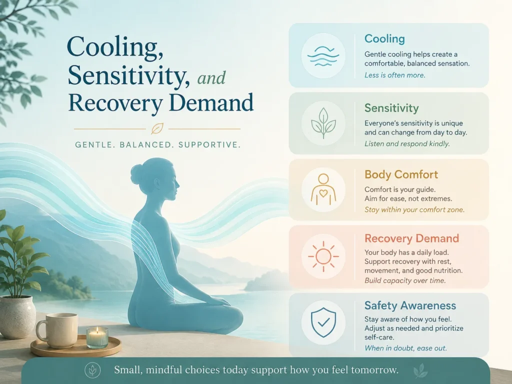 Thermal Therapy Cooling Sensitivity and Recovery Demand Thermal Therapy cooling infographic showing cooling, sensitivity, body comfort, recovery demand, and safety awareness
