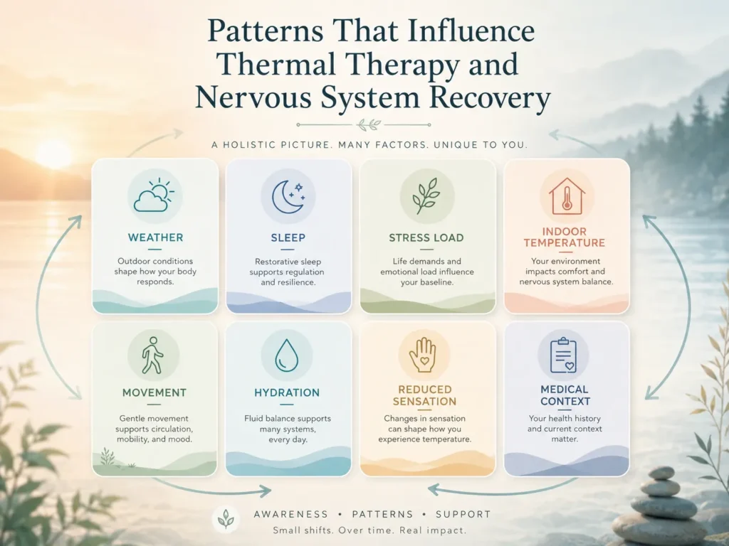 Thermal Therapy Daily Patterns Infographic Thermal Therapy daily patterns infographic showing weather, sleep, stress load, indoor temperature, movement, hydration, reduced sensation, and medical context