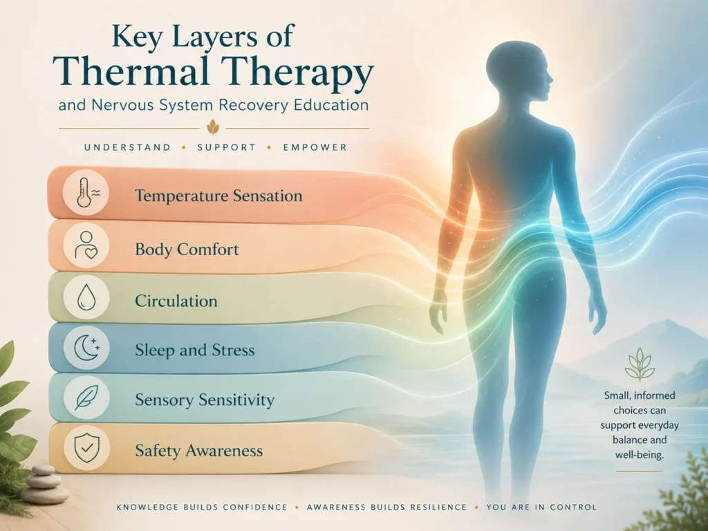 Thermal Therapy Key Layers InfographicThermal Therapy Key Layers Infographic Thermal Therapy key layers infographic showing temperature sensation, body comfort, circulation, sleep and stress, sensory sensitivity, and safety awareness