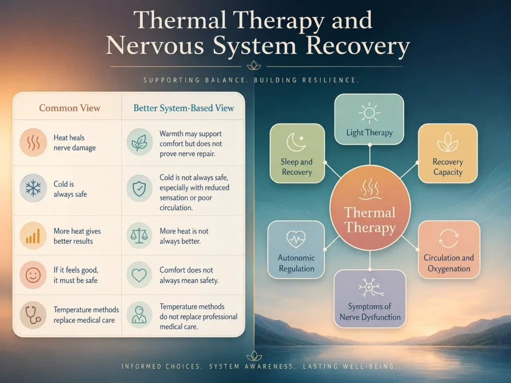 Thermal Therapy Misunderstandings and Related Systems Thermal Therapy infographic showing common misunderstandings and related systems including light therapy, sleep recovery, recovery capacity, autonomic regulation, circulation, and symptoms