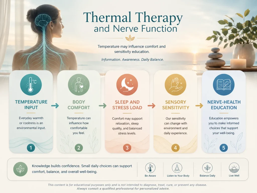 Thermal Therapy and Nerve Function Education Thermal Therapy and Nerve Function infographic showing temperature input, body comfort, sleep and stress load, sensory sensitivity, and nerve-health education