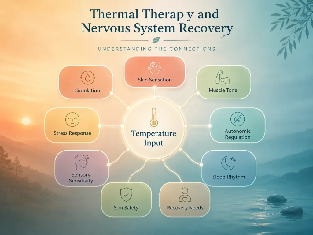 Thermal Therapy and Nervous System Recovery Thermal Therapy interactions map with skin sensation, circulation, muscle tone, stress response, autonomic regulation, sleep rhythm, sensory sensitivity, and recovery needs