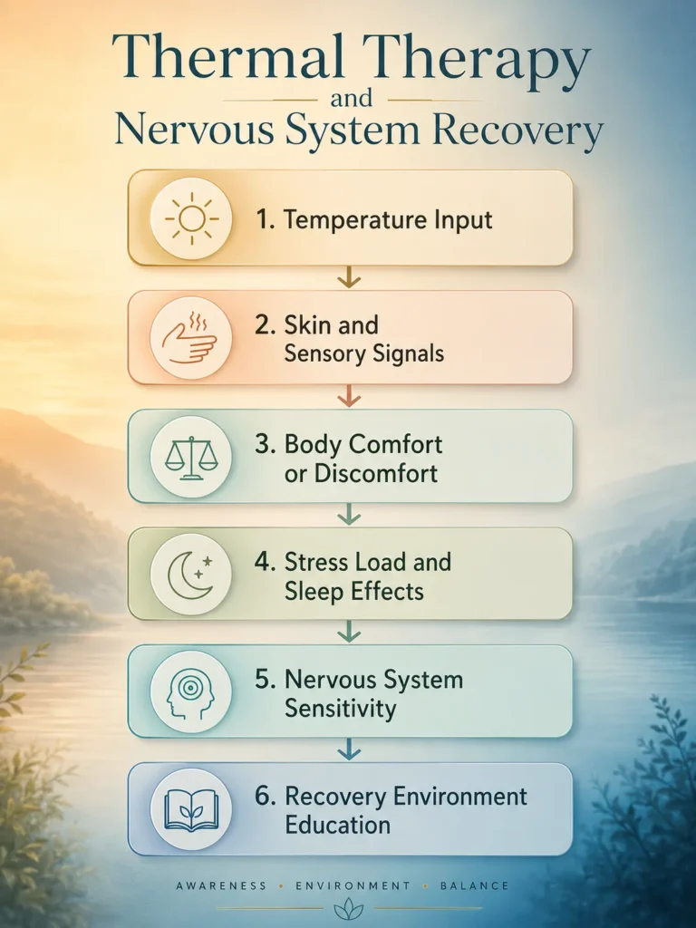 Thermal Therapy and Nervous System Recovery Visual Flow Thermal Therapy and Nervous System Recovery visual flow showing temperature input, sensory signals, body comfort, stress load, sleep effects, sensitivity, and recovery education
