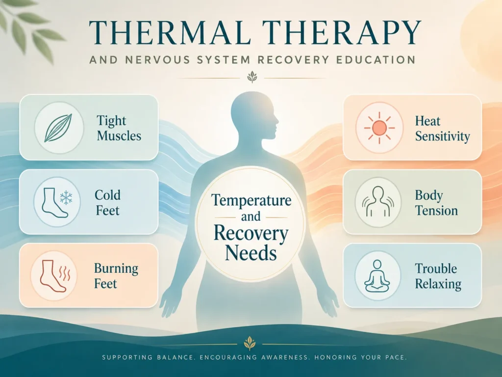 Thermal Therapy Symptom Language Bridge Thermal Therapy symptom language infographic with tight muscles, cold feet, burning feet, heat sensitivity, body tension, and recovery needs