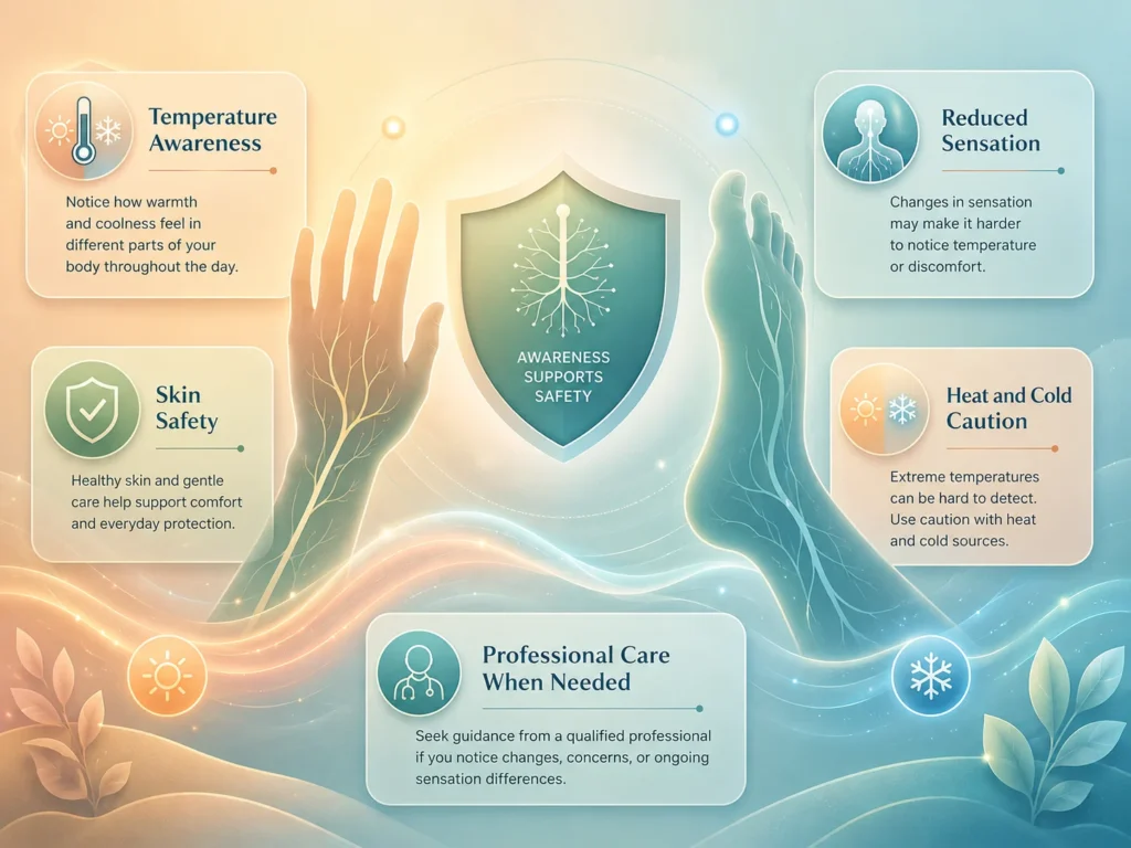 Thermal Therapy Temperature Awareness and Nerve Safety Thermal Therapy temperature awareness infographic showing reduced sensation, skin safety, heat and cold caution, and professional care when needed