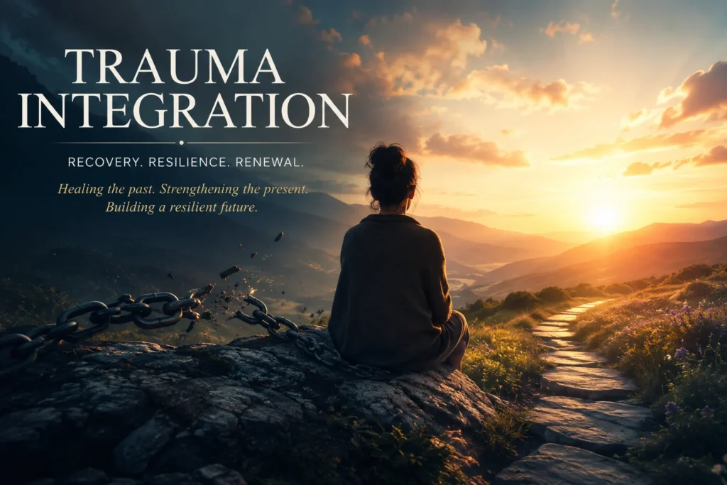 Trauma Integration: Recovery and Resilience Journey Trauma Integration hero image showing a person facing a sunrise pathway with symbols of resilience, recovery, emotional growth, and hopeful future direction.
