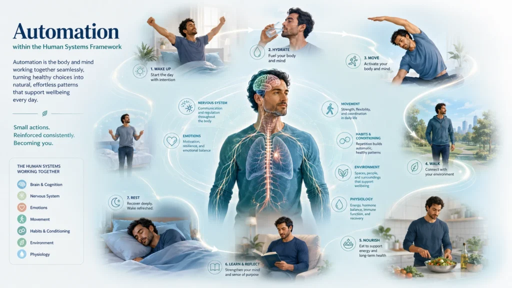 Calm adult demonstrating healthy daily habits with transparent brain, nervous system, cognition, movement, emotions, habits, and environment overlays in a human systems framework editorial illustration.
