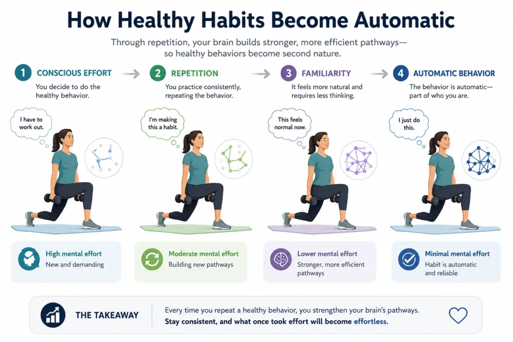 Educational infographic showing how repeated healthy behaviors become automatic through conscious effort, repetition, familiarity, and automatic behavior with simple neural pathway illustrations.