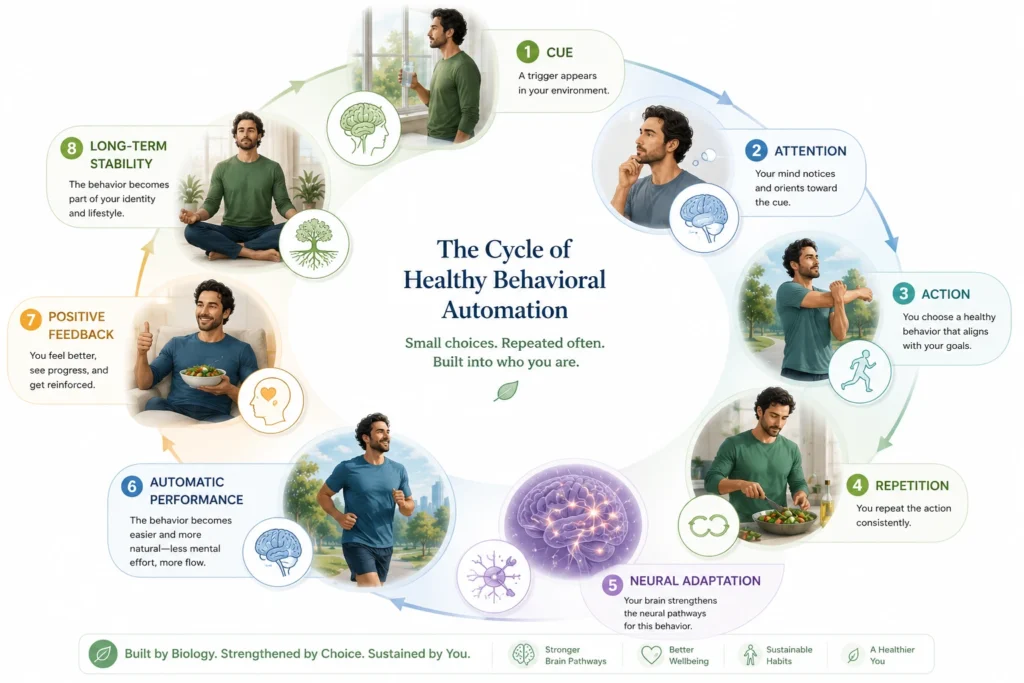 Educational healthcare infographic illustrating the healthy behavioral automation cycle from cue and attention to action, repetition, neural adaptation, automatic performance, positive feedback, and long-term stability.