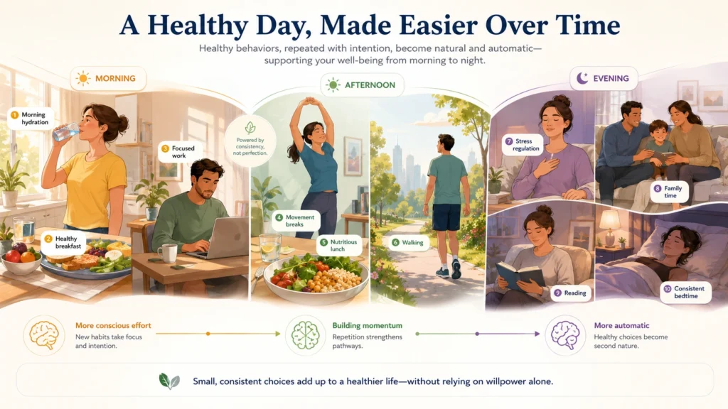 Lifestyle editorial illustration showing a healthy daily routine with morning hydration, healthy breakfast, focused work, movement breaks, nutritious lunch, walking, stress regulation, family time, reading, and consistent bedtime connected through behavioral automation.