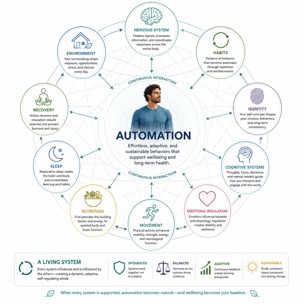 Human Systems Framework infographic showing Automation at the center connected to the nervous system, habits, identity, cognitive systems, emotional regulation, movement, nutrition, sleep, recovery, and environment through interconnected pathways.