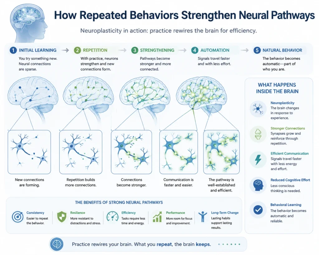Scientific educational illustration showing how repeated behaviors strengthen neural pathways through neuroplasticity, improving neural communication, reducing cognitive effort, and supporting behavioral learning.