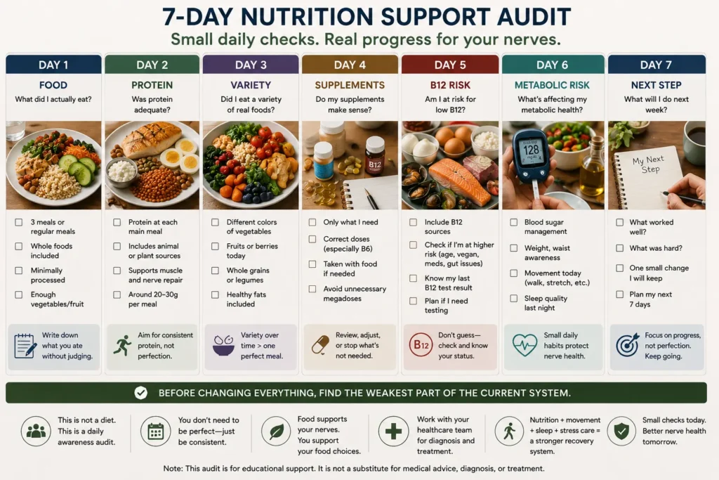 7-Day Nutrition Support Audit for Nerve Health Photorealistic seven-day nutrition audit showing food intake protein variety supplements B12 risk metabolic health and next steps for nerve support