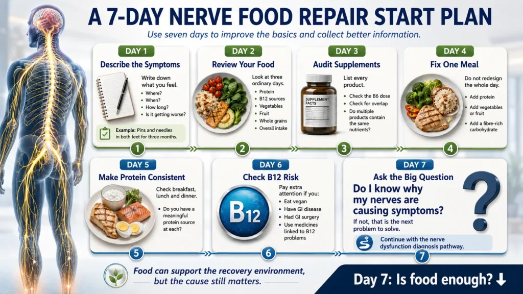 A 7-Day Nerve Food Repair Start Plan Seven day Nerve Food Repair plan covering symptoms food review supplements protein consistency B12 risk and next diagnostic steps