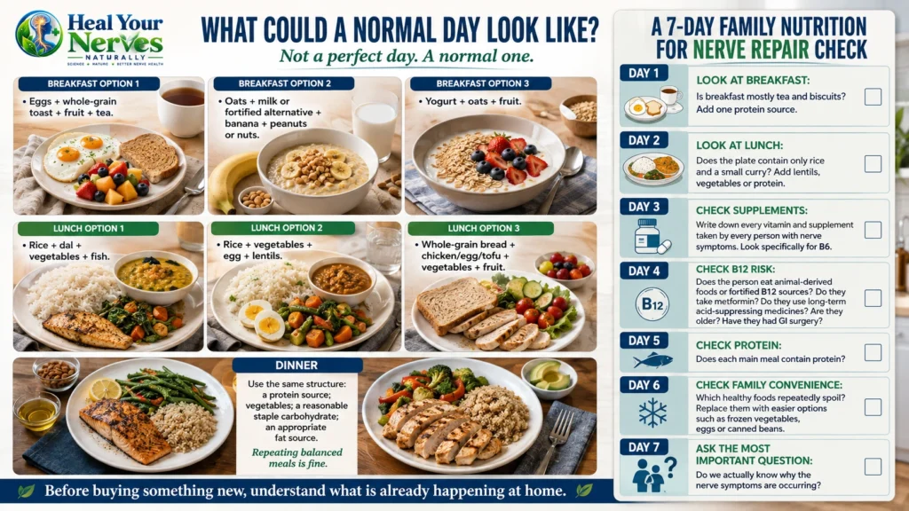 Seven day Nutrition for Nerve Repair family audit showing practical meal options, supplement checks, vitamin B12 risk, protein intake, food convenience and the need to identify the cause of nerve symptoms