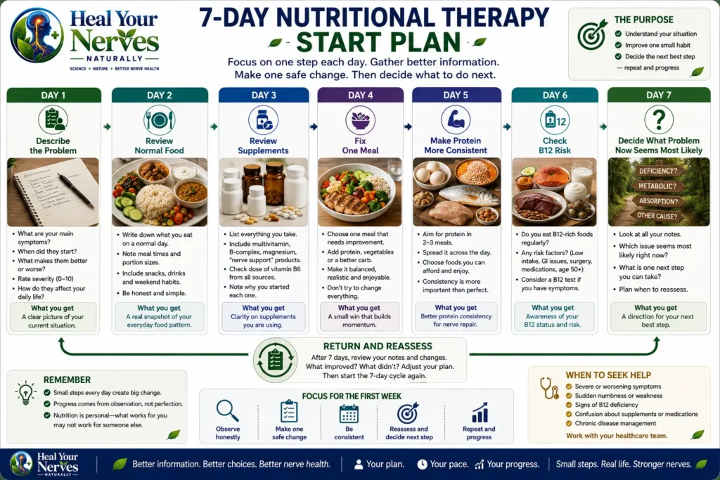 Seven day nutritional therapy plan for nerve health covering food review supplements protein B12 risk and reassessment