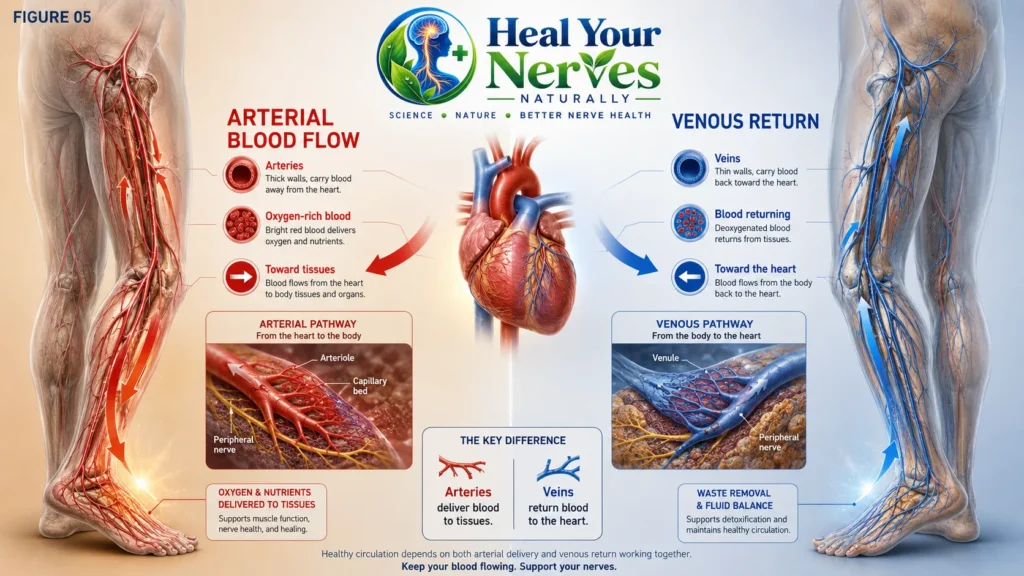 Arterial blood flow versus venous return showing oxygen delivery toward tissues and blood returning to the heart