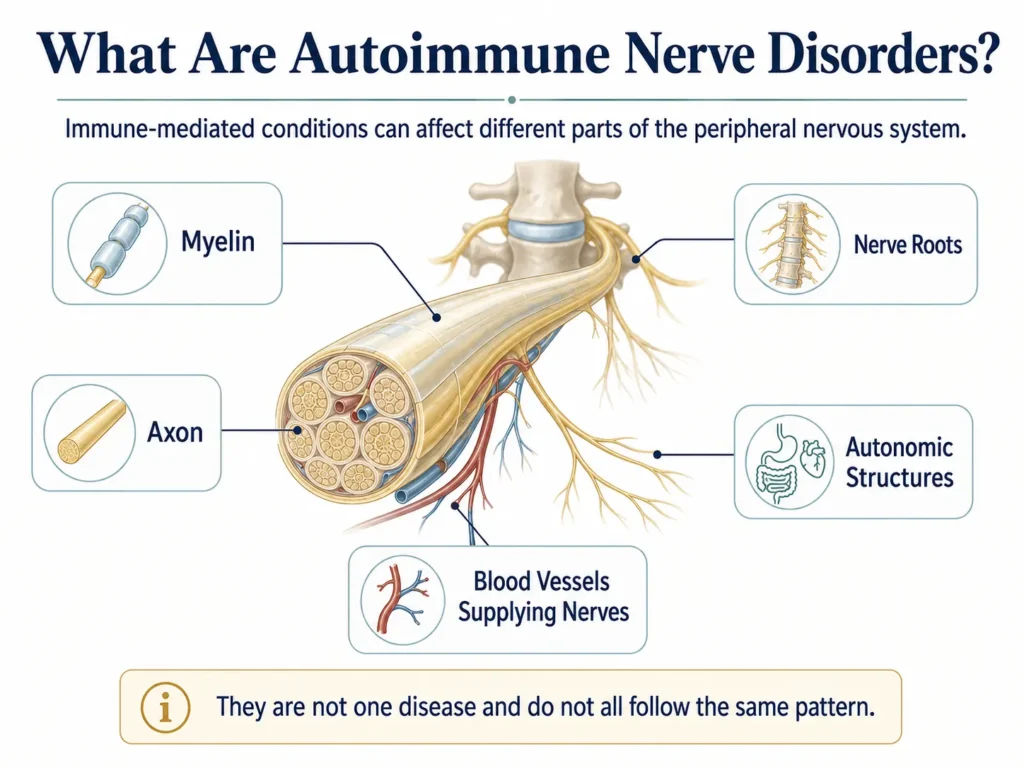 Overview of autoimmune nerve disorders showing different peripheral nerve structures that may be affected