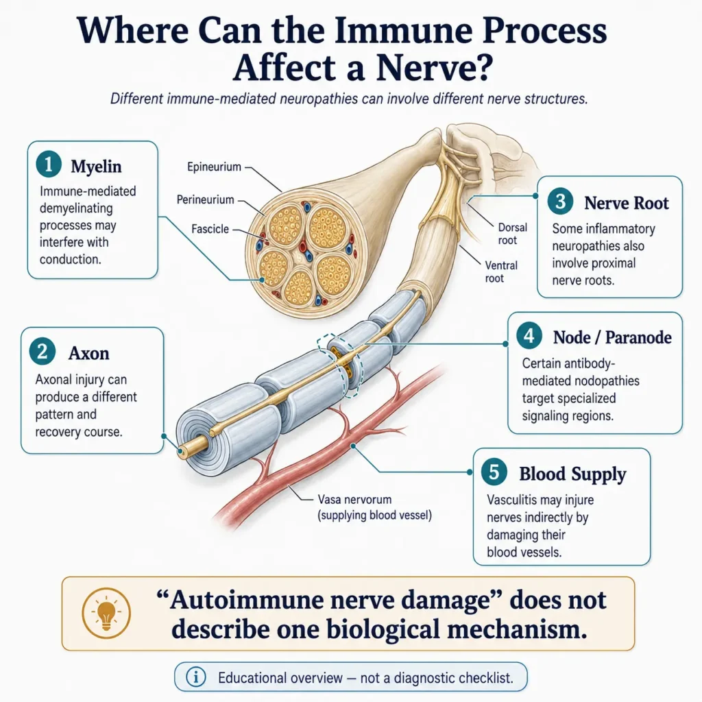 Diagram showing myelin axon nerve roots nodes and blood vessels that may be involved in immune mediated neuropathy