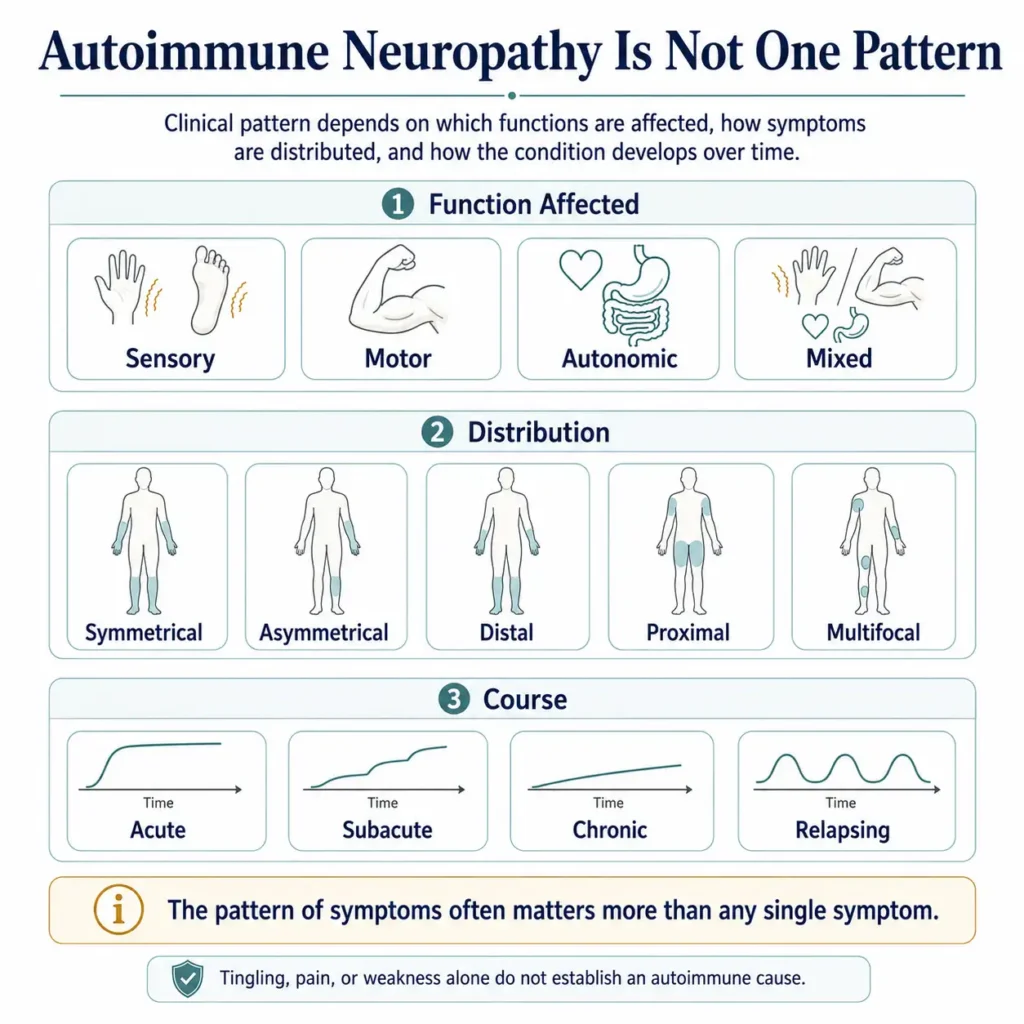 Clinical patterns of autoimmune neuropathy showing sensory motor autonomic distribution and disease course