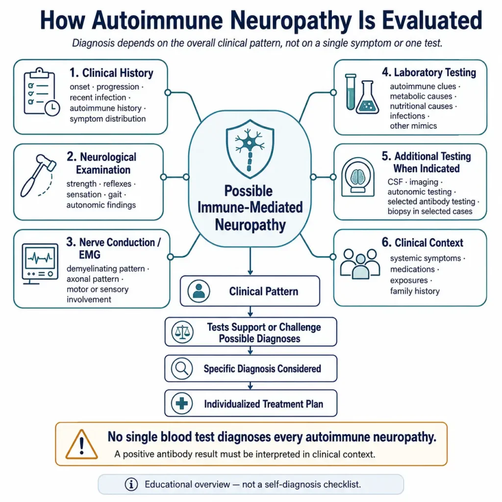 Clinical evaluation of autoimmune neuropathy including history neurological examination EMG blood tests and selected additional testing