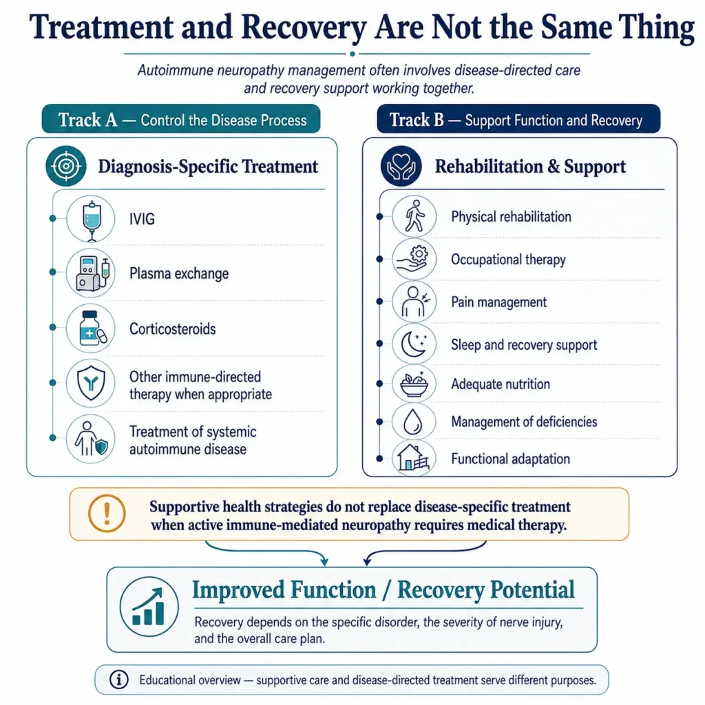 Autoimmune neuropathy management showing disease directed treatment rehabilitation and supportive recovery strategies