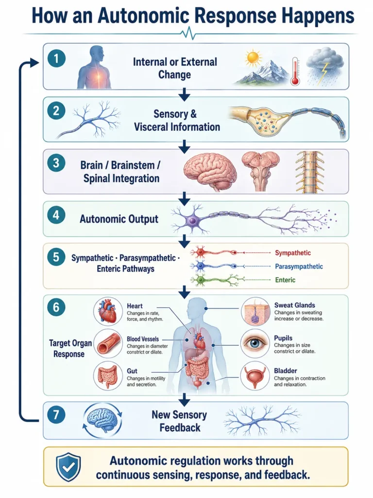 Autonomic response process from sensory input through central integration autonomic output organ response and feedback