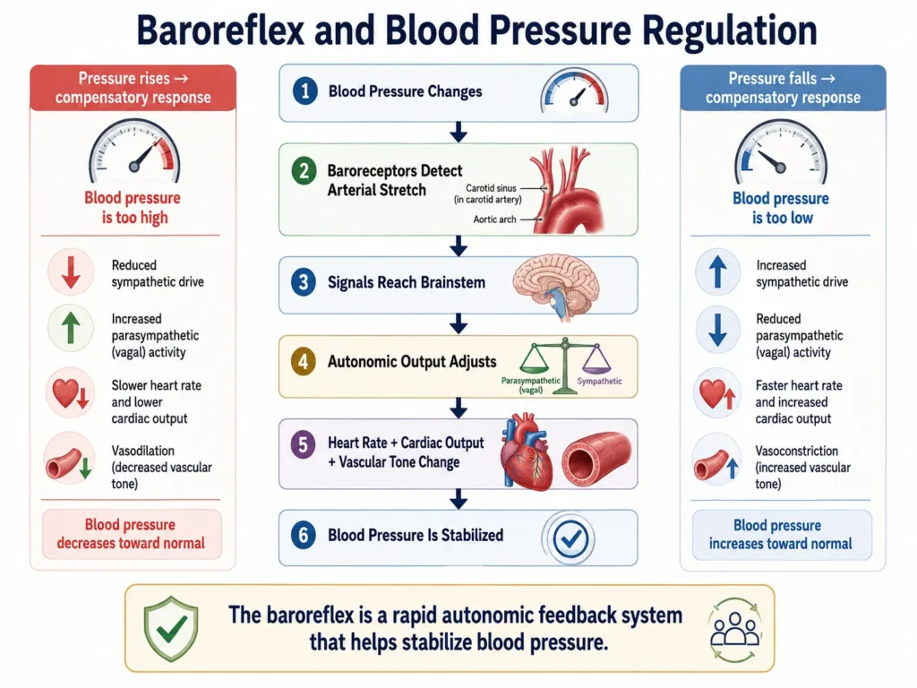 Baroreflex pathway showing how the autonomic nervous system helps regulate blood pressure