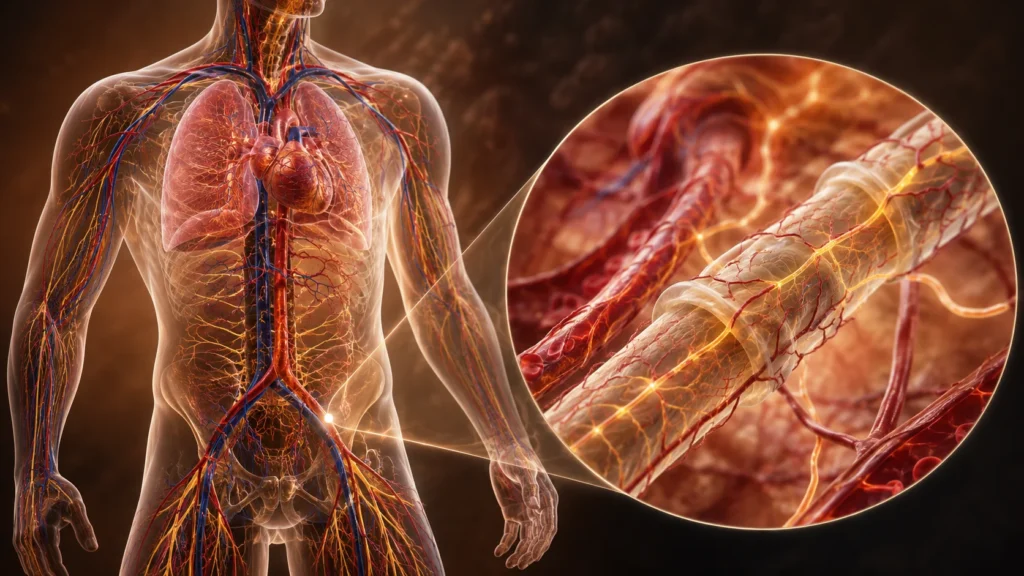 Circulation and oxygenation for nerve health showing blood flow and oxygen delivery to peripheral nerves