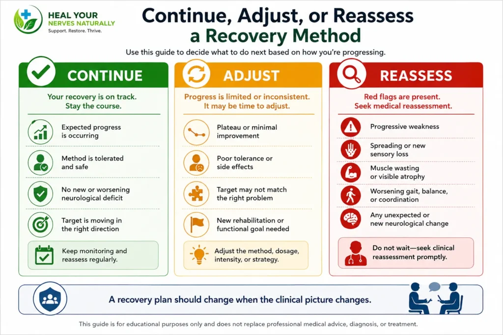 Decision infographic showing when to continue adjust or medically reassess a nerve recovery method based on progress tolerance weakness sensory loss and neurological change