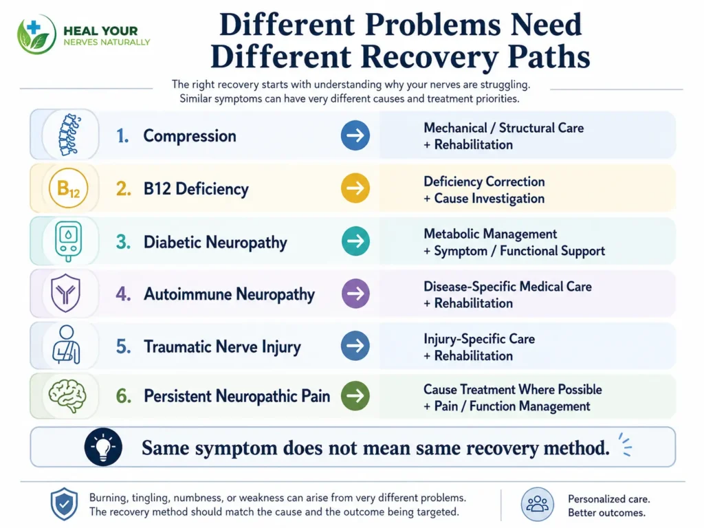 Infographic comparing nerve compression B12 deficiency diabetic neuropathy autoimmune neuropathy traumatic nerve injury and neuropathic pain with different