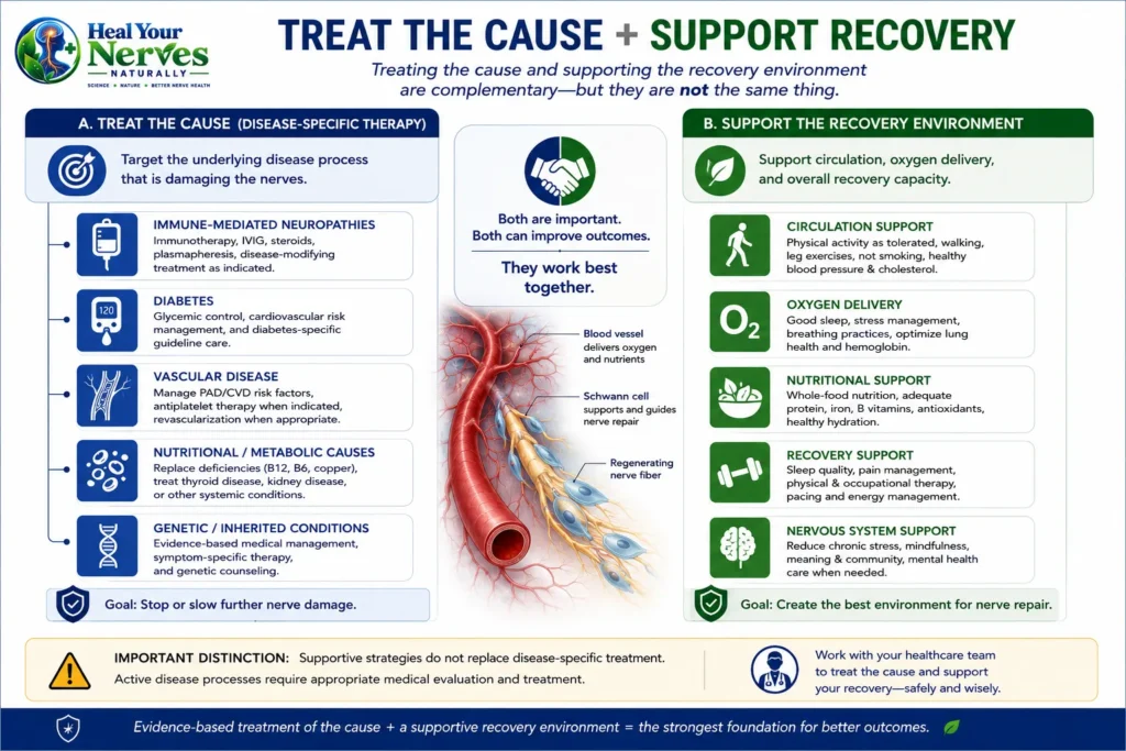 Disease-specific treatment and supportive circulation and oxygenation strategies for nerve recovery