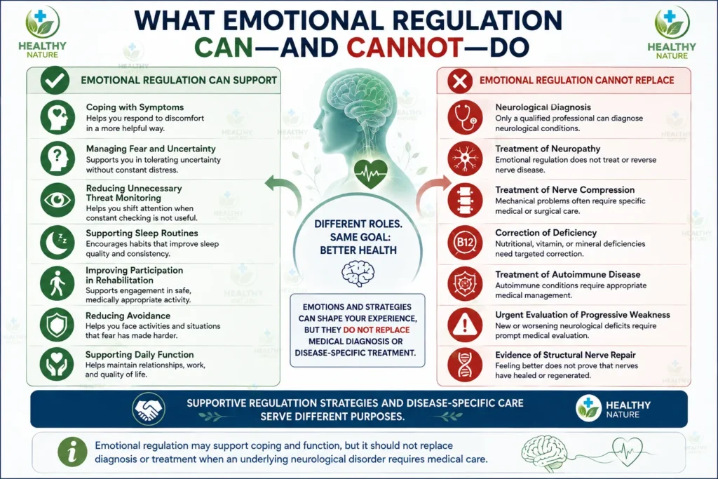 Infographic showing what emotional regulation may support and what medical diagnosis or neurological treatment it cannot replace