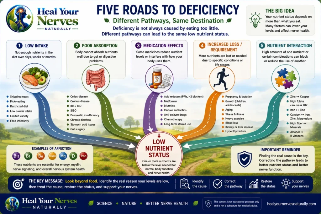 Five pathways to nutritional deficiency including low intake malabsorption medication increased needs and nutrient interactions