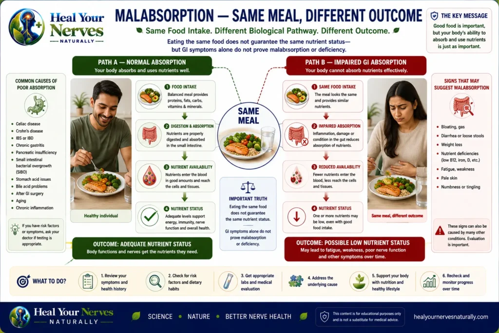 Same food intake but different nutrient status because of malabsorption