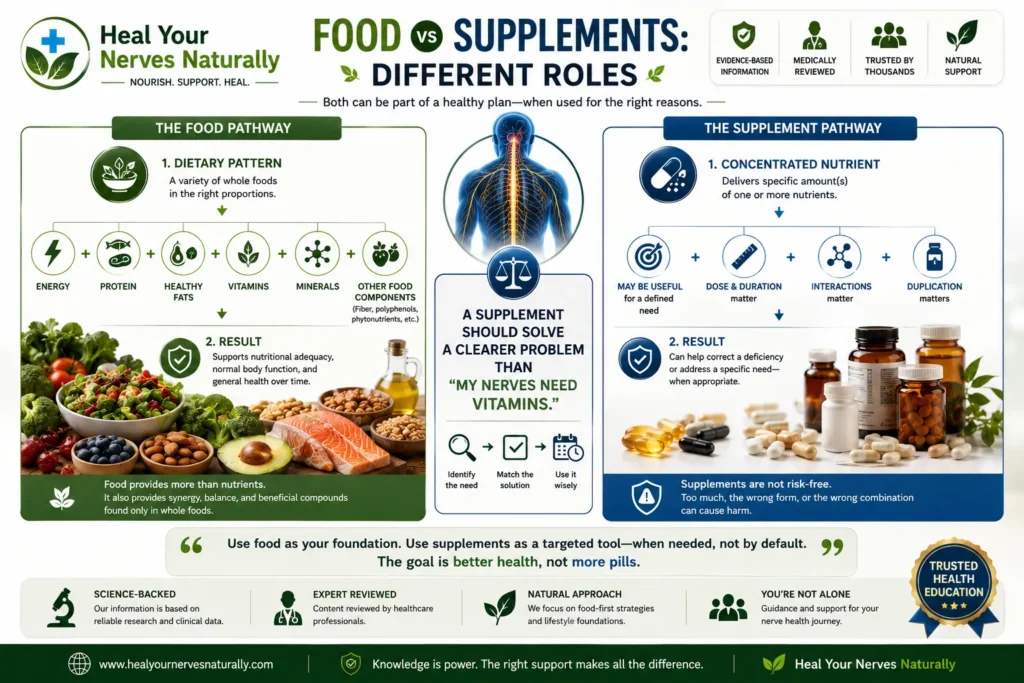 Infographic comparing whole food nutrition with supplements and explaining their different roles in supporting nerve health